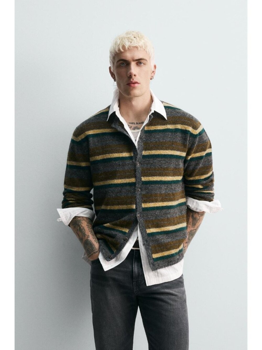 Zara Men Jacquard Striped Cardigan Medium Anthracite Gray Loose-Fit 2142/390 NWT